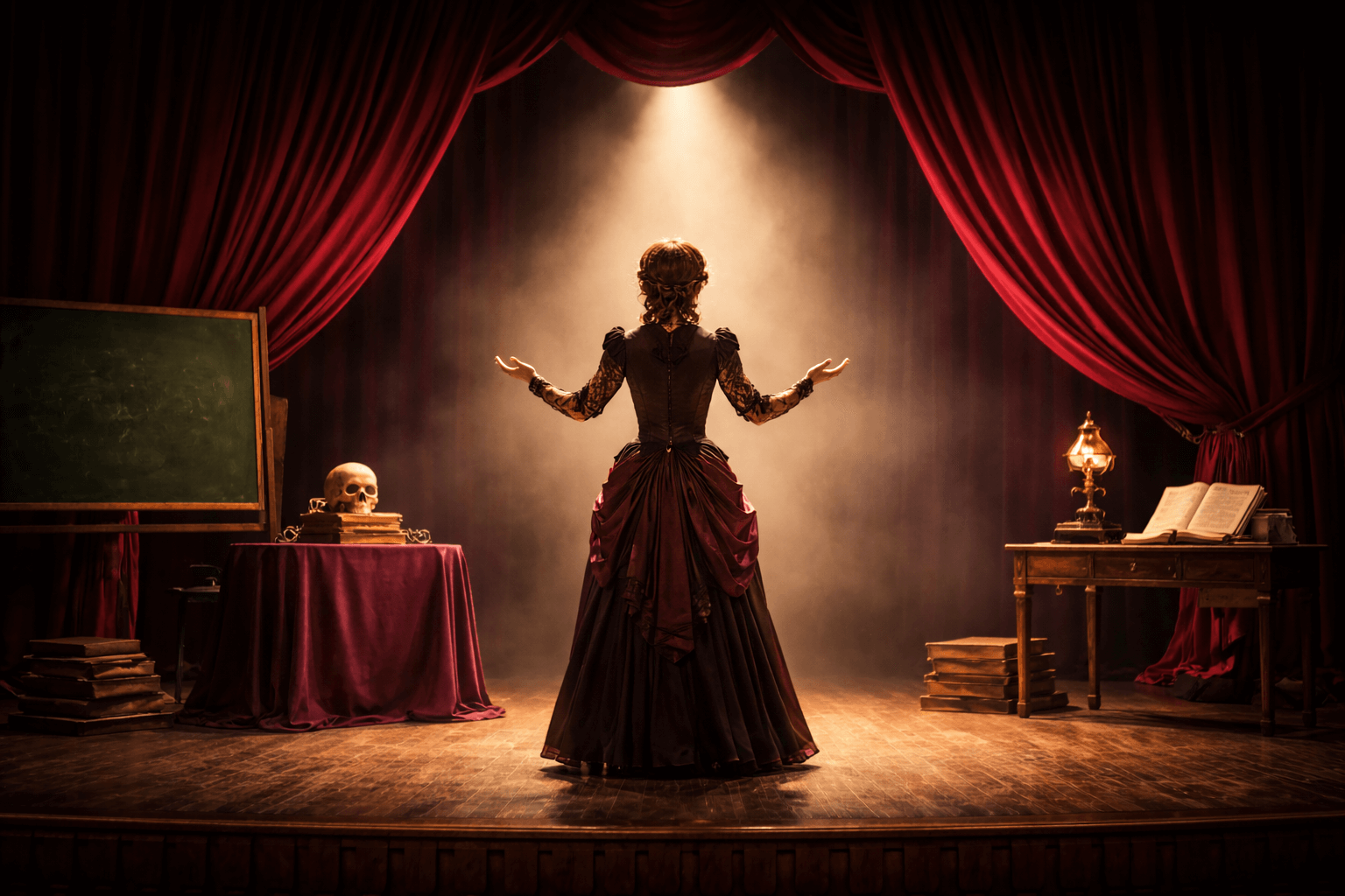 Donna in abito ottocentesco sul palco con sipario rosso, scena evocativa dello spettacolo “L’inferiorità mentale della donna”